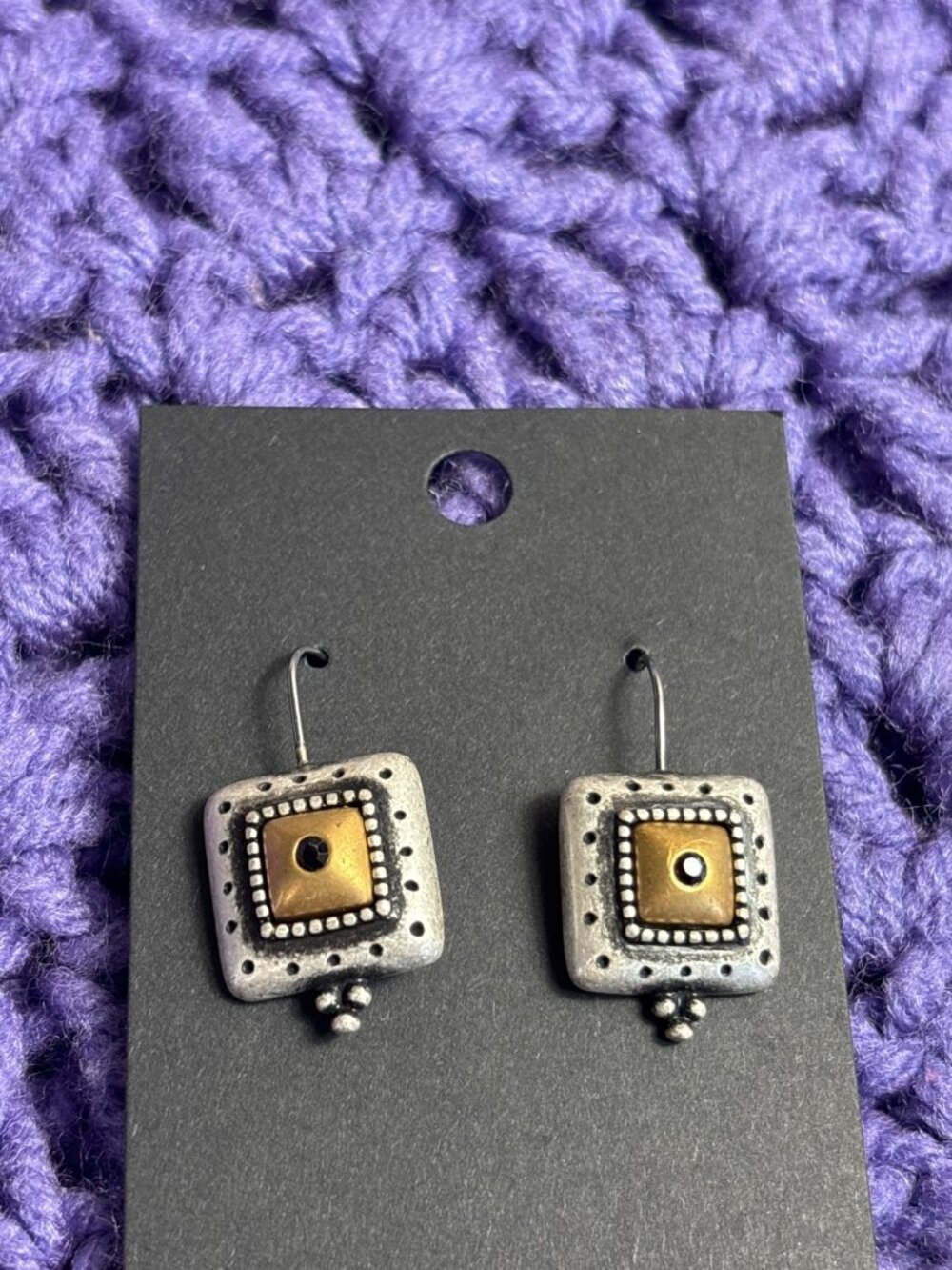 Retro Boho Geometric Square Dangle Earrings Silvertone Goldtone Black Rhinestone